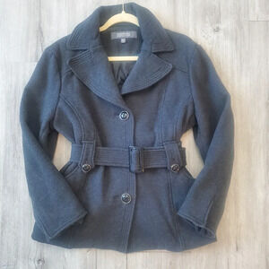Kenneth Cole Reaction Black Pea Coat with Notched Lapel and Belted Waist